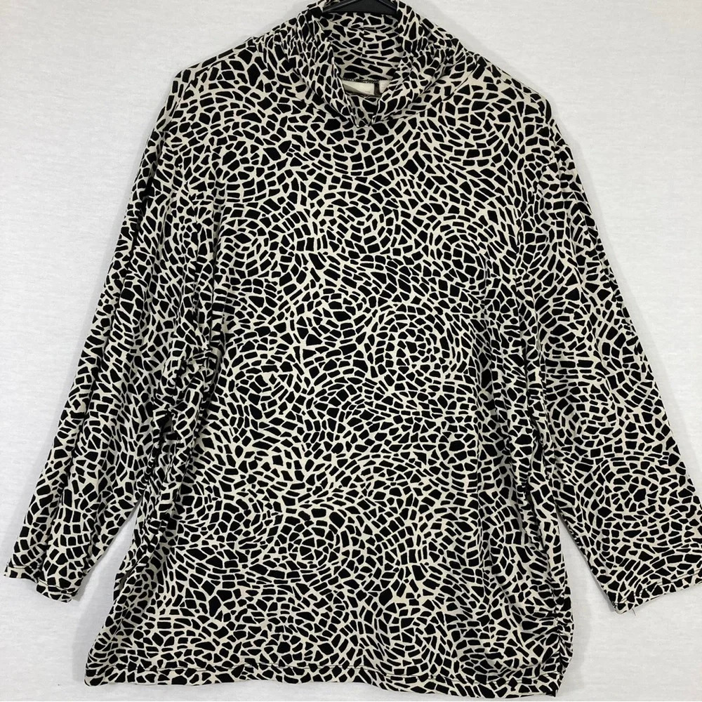 Chico's Black Cream Abstract Print Ultra Soft Stretch Cowl Neck‎ Top XL